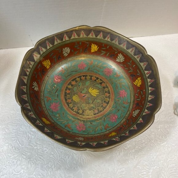 VTG Solid Hand Crafted Solid Brass Enameled Bowl Colorful Floral Design 9.25" - Picture 3 of 10
